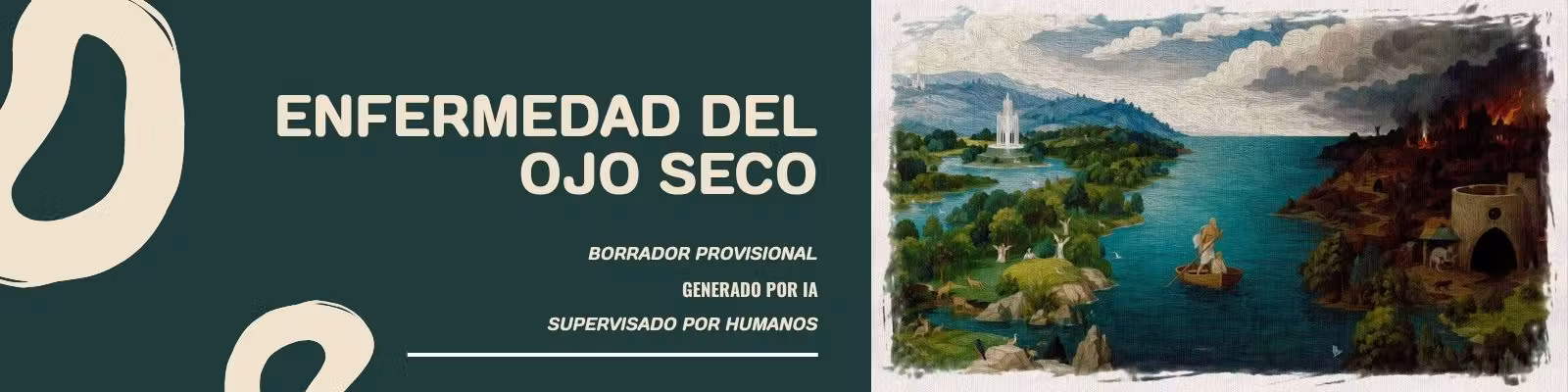 Portada de Enfermedad del ojo seco: borrador provisional generado por IA y supervisado por humanos, junto a un paisaje alegórico